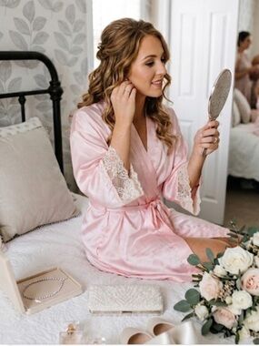 Victoria’s Secret vintage carnation pink robe with antique lace sleeve trim